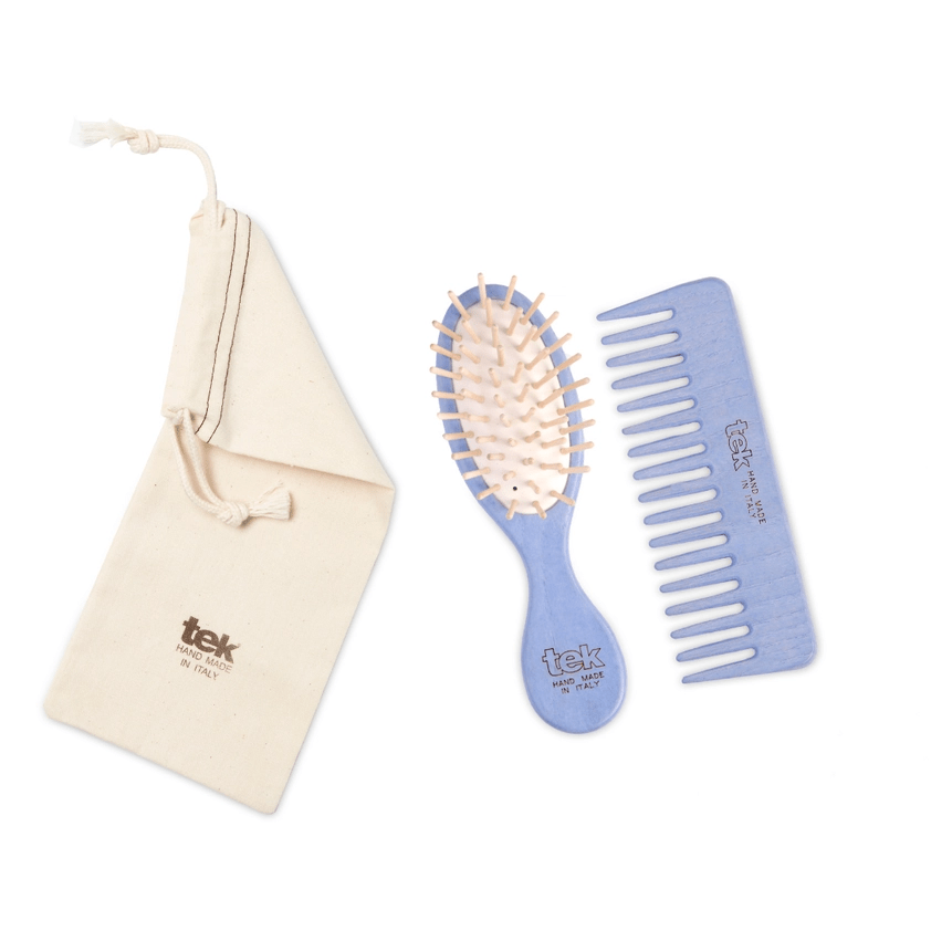 tek Purse kit: small oval light-blue brush and comb with cotton pouch