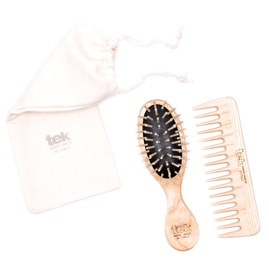 tek Purse kit: small oval natural brush and comb with cotton pouch