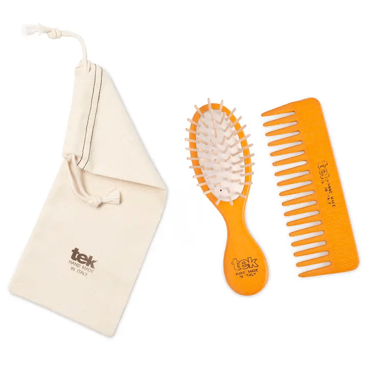 tek Purse kit: small oval orange brush and comb with cotton pouch