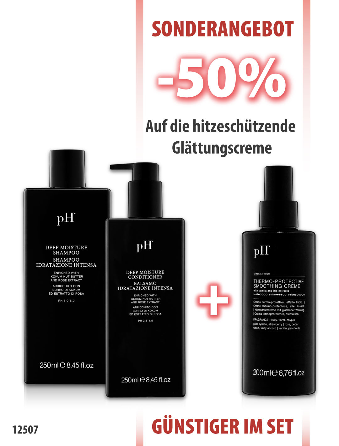 pH Deep Moisture Shampoo 250ml + Conditioner 250ml + Hitzeschutzcreme 200ml