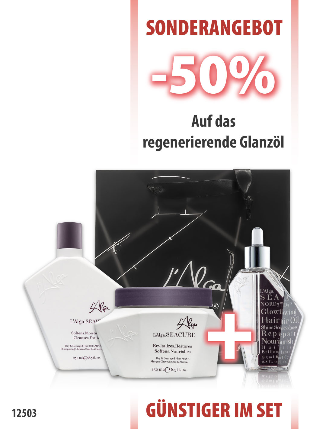 L'Alga SeaWet Shampoo 250ml + SeaCure Maske 250ml + SeaNord Glanzöl 85ml