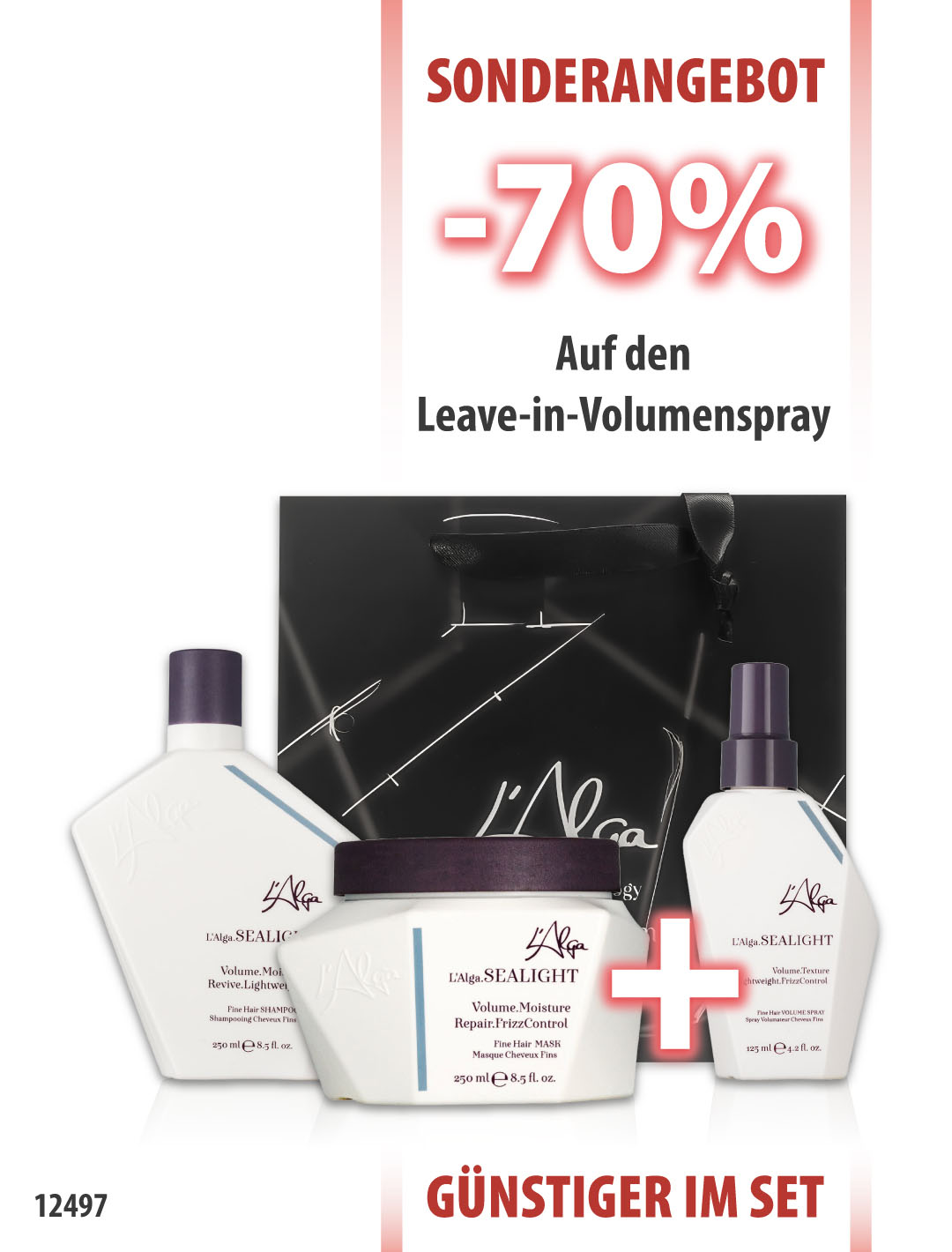 L'Alga SeaLight Volumenshampoo 250ml + Maske 250ml + Volumenspray 125ml