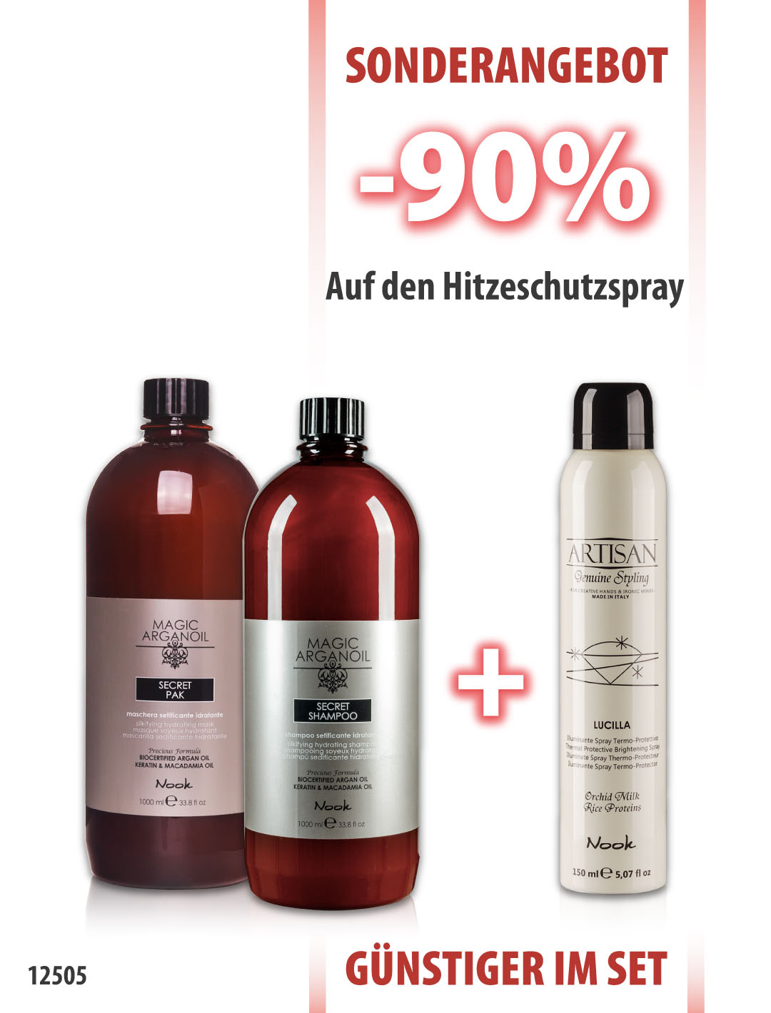 Nook Magic Arganoil Secret Shampoo 1000ml + Maske 1000ml + Artisan Hitzeschutzspray 