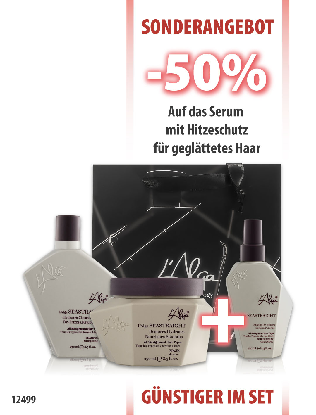 L'Alga SeaStraight Shampoo 250ml + Maske 250ml + Hitzeschutzserum 100ml